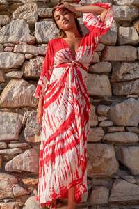 Nuevo Vestido Kimono Largo Maxi para Mujer, Ecológico, Cintura Natural, Holgado, Manga Corta, Estampado a Cuadros, Teñido Anudado a Mano - Product Image 3