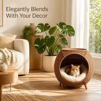 Lit pour animaux de compagnie en rotin tissé à la main, niche ronde tissée avec coussin en peluche pour chats et petits chiens