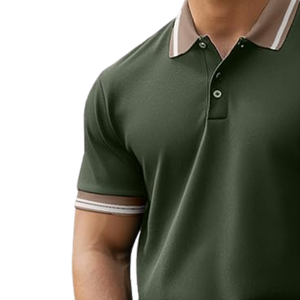 Polo pour homme vert foncé avec col et manches contrastés, en coton doux, manches courtes, décontracté, élégant, haut tendance, confortable - Product Image 4