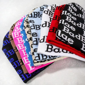 Precio al por mayor letra Jacquard tejido personalizado su logotipo puños deportes Jacquard tejido Beanie moda invierno jacquard Beanie - Product Image 6