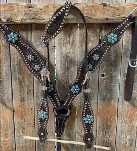 Màu xanh ngọc lam đá phía Tây headstall & vú cổ áo thiết lập cao cấp da bò Trọng lượng nhẹ hàng đầu xu hướng thiết kế theo mùa ngựa tack