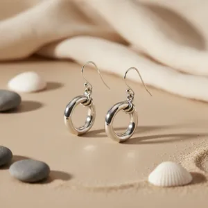 Boucles d'oreilles créoles minimalistes en argent 925, style géométrique pendantes, pour usage quotidien, bijoux unisexes en argent - Product Image 1