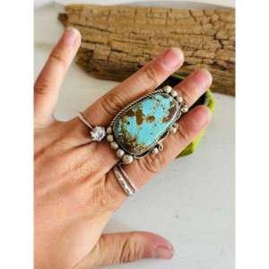 Navajo Handmade #8 Turquoise Sterling Silver <b>Adjustable</b> Gemstone <b>Ring</b> Vermeil Rhodium Geometric Statement Design Everyday Wear - Product Image 2