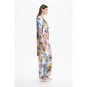 Ladies <b>Blue</b> Satin Patterned <b>Tunic</b> with Ruffle Detail Casual Long Bow Collar Top - Product Image 3