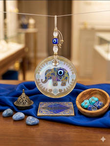 DNB1001 13 cm Handmade Elephant Evil Eye <b>Wall</b> <b>Hanging</b> Ornament with Embossed Glass Nazar Bead and Gold Stripes - Product Image 2
