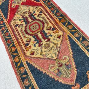 Vintage Small Rug, 1.8x4.3 ft Turkish Rug, <b>Red</b> Patchwork <b>Wool</b> Rug - Product Image 3
