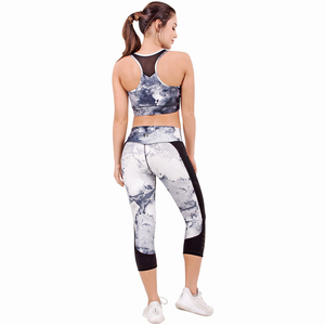 Racerback <b>Crop</b> <b>Top</b> Yoga Set High Waist Calf-Length Pants Sublimation Print <b>Mesh</b> Detail Sweat-Wicking Spandex Polyester 2-Piece - Product Image 2