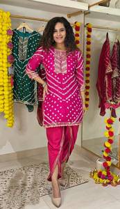 Bandhej Imprimé Léger Lourd Séquence Gota Travail Festif Porter Soie Kurti Avec Dhoti Pour Femmes Et Filles, Cadeau Pour Elle - Product Image 2