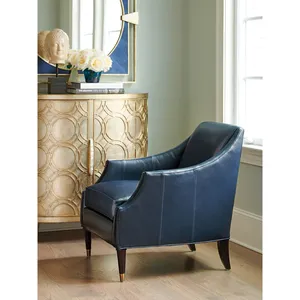 Sillón <span class=keywords><strong>Club</strong></span> de Cuero Azul Contemporáneo, Diseño Minimalista, Base de Madera Maciza y Detalles en Dorado - Product Image 4