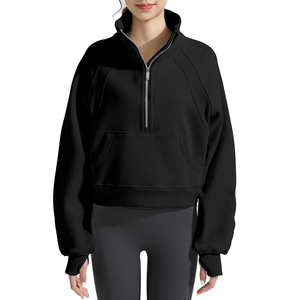 Sweat à capuche pour femme à demi-zip, col rond, polaire chaud, pull isolé, coupe automne, trou pour le pouce, manches tombantes, imprimé, délavage acide - Product Image 1