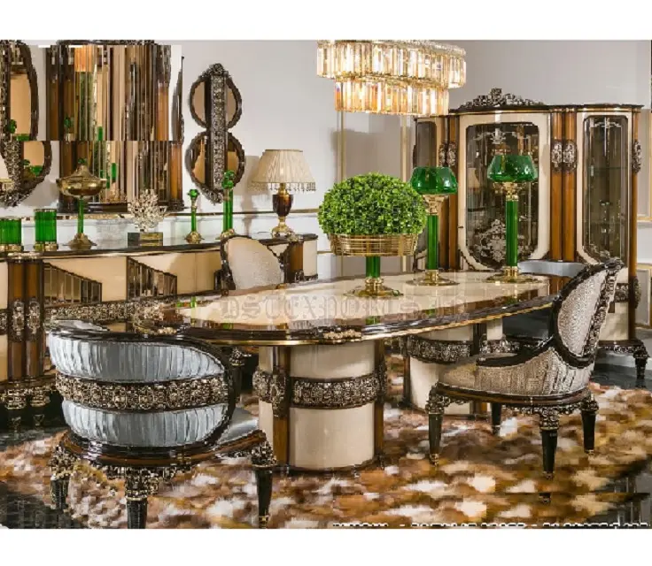 Benzersiz tasarım türk mobilya yemek masası seti victoria tarzı yemek odası takımı lüks altın cilalı yemek masası seti
