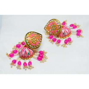 Meenakari Partywear ทองเหลืองแบบดั้งเดิม,Mattefinishing ลูกปัดยาว Jhumki พร้อมตุ้มหูหินสำหรับเด็กหญิงและสตรี - Product Image 2
