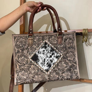 Sac fourre-tout en cuir véritable d'inspiration bohème pour femmes sac à main en cuir de vachette fabriqué à la main Western Tooled & Buck Stitch - Product Image 2