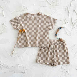 Enfant en bas âge tenues d'été col rond motif grille T-shirt + taille élastique Shorts 2 pièces ensemble de vêtements décontracté bébé filles garçons à manches courtes - Product Image 6