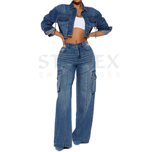 Conjunto de Chaqueta Corta de Mezclilla de Algodón de Alta Calidad + Jeans Estilo Cargo para Mujer, Conjunto de Dos Piezas de Mezclilla Estilo Urbano - Product Image 1