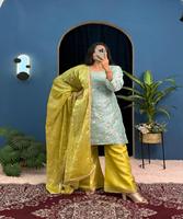 Ensemble Kurti décontracté en dentelle tendance avec pantalon et dupatta en soie RAMA 100% pure, anti-boulochage, respirant, longueur complète
