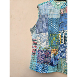 Chaqueta de algodón sin mangas Vintage hecha a mano para mujer, cómoda chaqueta acolchada de retazos de lino con estampado de otoño e invierno, prendas de vestir acogedoras con botones - Product Image 2