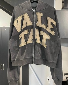 Survêtement unisexe personnalisé délavé à l'acide avec fermeture éclair, grande taille, effet vieilli, patch brodé, streetwear, sweat à capuche évasé brut, hiver - Product Image 6
