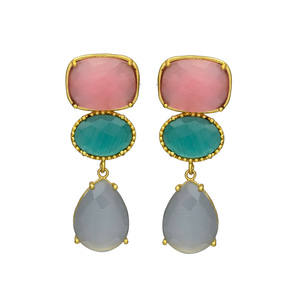 Nueva llegada ónix verde y chaceldony gris Juego de pendientes de gota de piedras preciosas, Juego de pendientes chapados en oro para mujer - Product Image 1