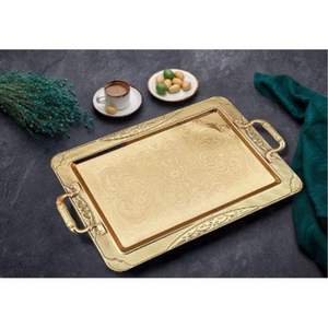 Bandeja de Servicio Árabe Tradicional de Oro, Bandeja Rectangular de Metal Grabada y Ornamentada, Decoración de Hogar de Lujo y Regalo para Eid, Bandeja para Té y Café - Product Image 1