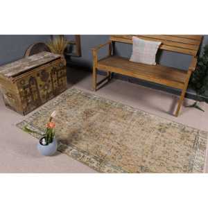 3.4x6.3 ft Vintage Rug, <b>Brown</b> Check Turkish Rug <b>Wool</b> - Product Image 5