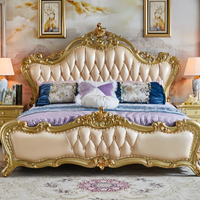 B03 # Ensemble de lit de chambre royale en bois massif de chêne sculpté à la main en cuir de luxe de style européen classique