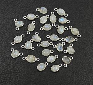 Argent Sterling 925 8x10mm Cabochon de pierre de lune arc-en-ciel naturel lunette ovale réglage connecteurs de lien en or fin faisant collier - Product Image 1