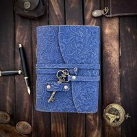 Buku Jurnal Kulit Asli Bermotif Bunga, Buatan Tangan dengan Tepi Dekel, Biru, untuk Promosi Bisnis, Buku Bayangan, Grimoire, Penyihir