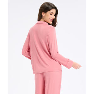 Conjuntos de Pijamas de Mujer en Viscosa de Bambú con Cuello de Solapa, Colores Sólidos, Estampados Geométricos y de Dibujos Animados, Cintura Elástica con Botones para Usar en Casa - Product Image 1