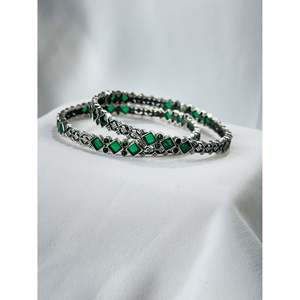 925 Sterling Silver Handcrafted Rawa Silver Work Bezel Set Geometric Semi Precious Emerald Stone Aasma Rawa <b>Bangle</b> Stylish - Product Image 2