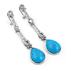 Boucles d'oreilles pendantes en argent 925 plaqué or 18 carats avec turquoise, diamant et perle pour femmes, bijoux pour mariages - Product Image 1