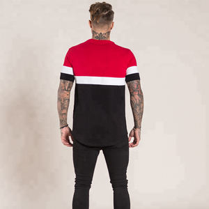 T-shirt pour homme en coton à manches courtes, style streetwear décontracté, coupe ajustée, avec blocs de couleur rouge, noir et blanc, haut tendance - Product Image 6
