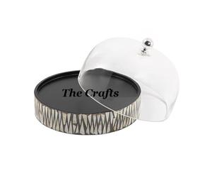 Plateau en marbre blanc de la meilleure conception avec dôme en verre, vaisselle pour servir des aliments, des collations, plateau et dôme - Product Image 3