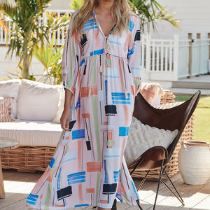 XL Size Women's <b>Summer</b> Cotton Maxi <b>Dress</b> New Zebra Printed Embroidered Casual Puff Sleeves Tassel Back Logo Natural Washable - Product Image 1