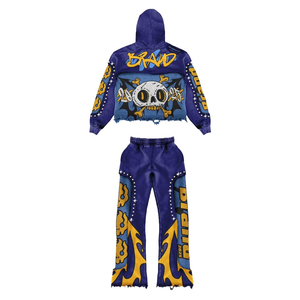 100% Cotton Custom Brand <b>Men's</b> Clothing Plus Size Vintage Streetwear Solid Printed Cropped Hoodie <b>Trouser</b> Custom Size Tracksuits - Product Image 2