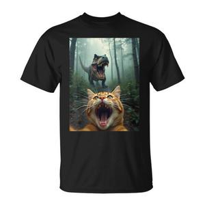 Maglietta con selfie di gatto e dinosauro T Rex, unisex, taglia adulta dalla S alla XXL, design grafico divertente - Product Image 1