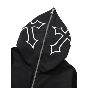 Custom Logo Printing Unique Cross Design 100% Cotton <b>Black</b> Thermal Full-<b>Zip</b> Oversized Fit <b>Hoodie</b> for Streetwear Casual Winter - Product Image 3