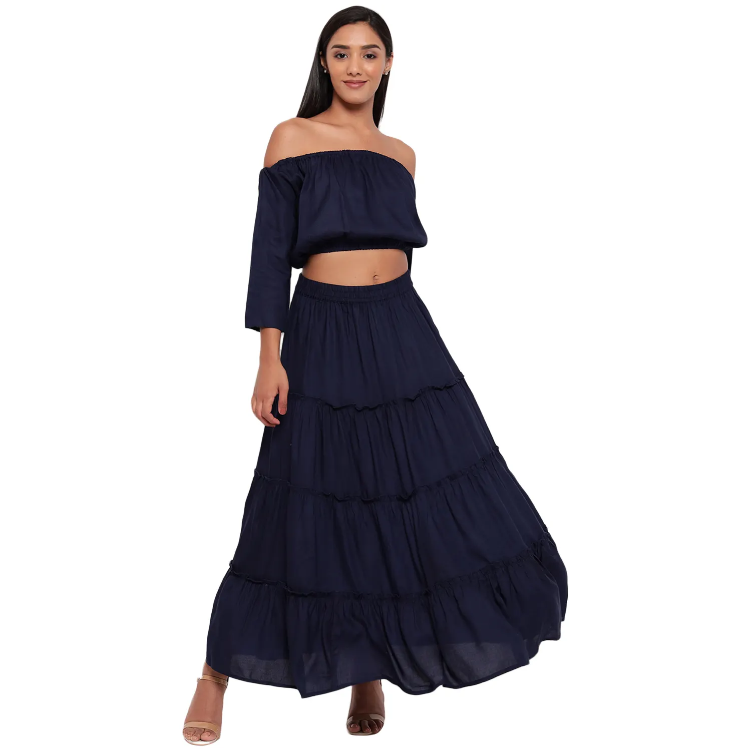 Women's Rayon Solid Navy Blue Skirt Top Set Two Piece Prom Smoked Dress with Long Sleeves (AM083)