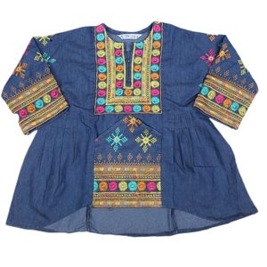 กุรตีผ้าเดนิมปักลายสำหรับเด็กผู้หญิง - สีฟ้า - Product Image 1