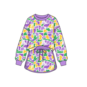 Précommande Ensemble 2 pièces à manches longues pour bébés et petites filles, imprimé camouflage Mardi Gras, tenues de boutique pour le printemps - Product Image 2
