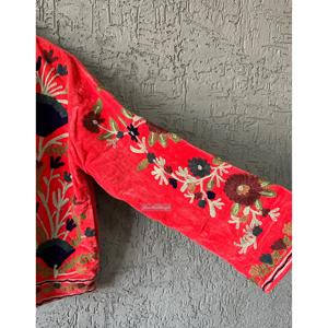 Handmade Red Velvet <b>Jacket</b> with Suzani Embroidery Quilted Reversible XL Indian Cotton Coat for Autumn Winter Varsity Style - Product Image 4