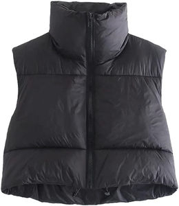 <b>Women's</b> Lightweight Winter Crop <b>Vest</b> Waterproof Sleeveless Warm Outerwear with Button Decoration Streetwear Padded Cropped Gilet - Product Image 1