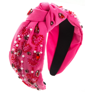 Nouveau serre-tête noué à bord large rose rouge vif, orné de perles de riz cousues à la main et de perles, accessoires pour cheveux - Product Image 1