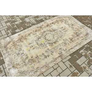3.7x6.6 ft Rug, Vintage Turkish Rug, <b>Brown</b> Gray Check <b>Wool</b> Rug - Product Image 2