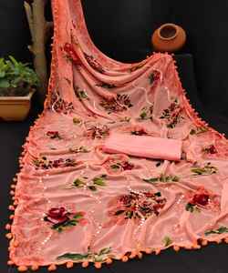 Sarees soie fête porter dernier concepteur femmes porter Sari Satin crêpe soie tissus doux imprimer indien avec Blouse japon adultes 500 ApparelGarment - Product Image 6