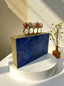 Boîte en mosaïque de lapis-lazuli avec poignée en laiton à quatre doigts, design minéral naturel fait à la main, gemme multicolore - Product Image 3