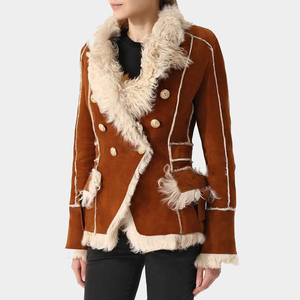 Chaqueta de cuero de piel de oveja para mujer Chaqueta de bombardero de cuero genuino con forro de piel de oveja para mujer - Product Image 5