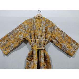 Floral impreso Kantha ropa de dormir indio algodón Maxi vestido hecho a mano elegante estilo Kimono Albornoz de talla grande térmico al por mayor - Product Image 2