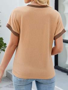 Femmes écologique couleur bloc mode printemps été décontracté lâche T-Shirts à manches courtes col rond hauts tricotés - Product Image 5