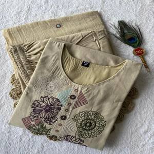 VASTRA COTTAGE Pure Cotton Embroidered Kurti <b>Set</b> with Mul Cotton Dupatta Cream Color Thread Work Designer Ethnic Wear <b>for</b> <b>Women</b> - Product Image 1
